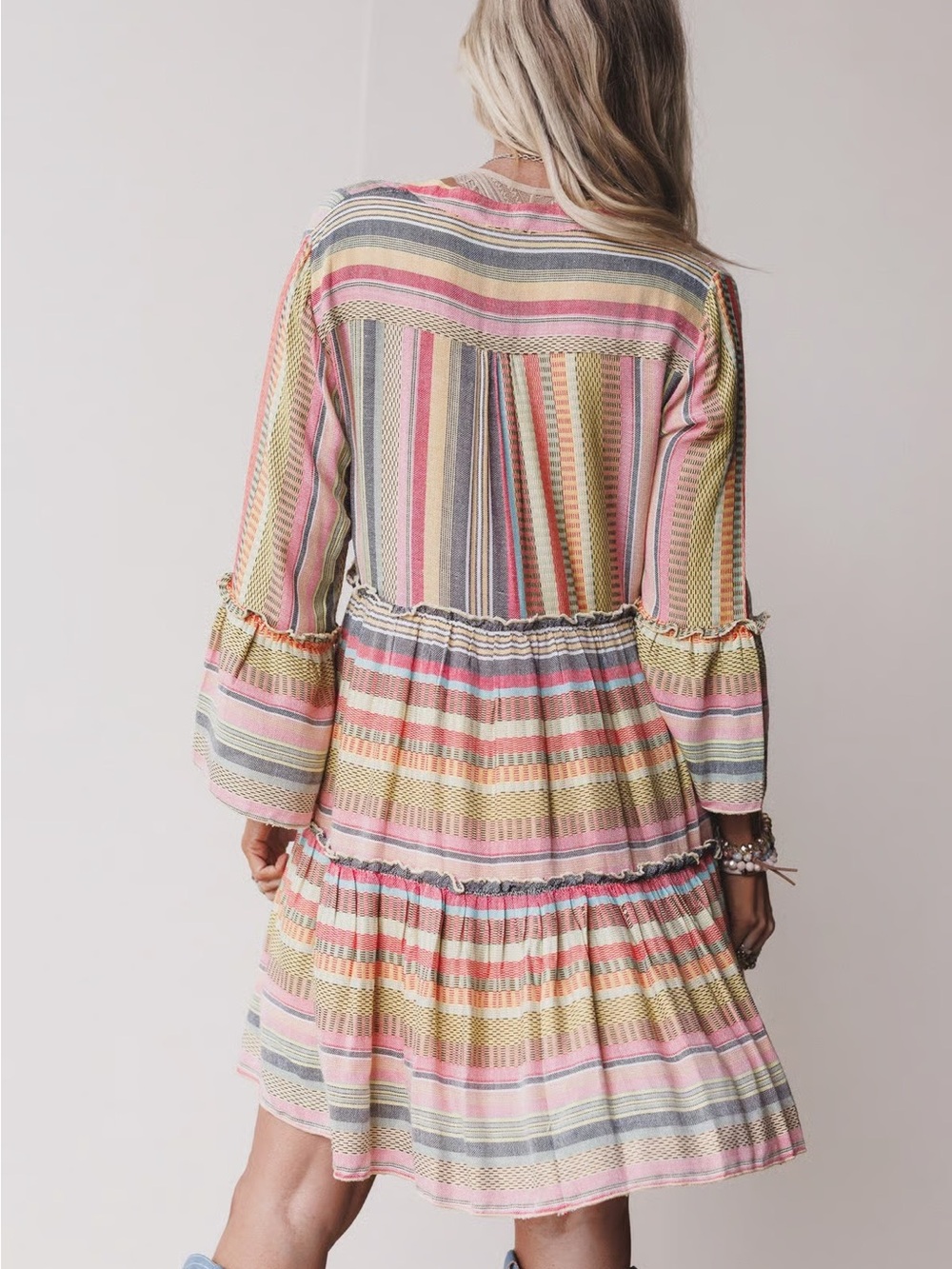 En Crème Keepsake Boho Striped Mini Dress Bell Sleeve M - Picture 4 of 7